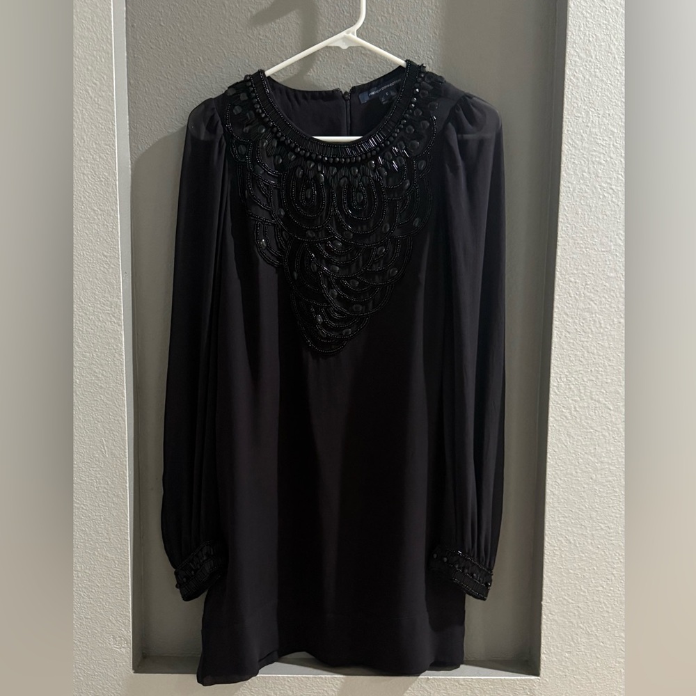 French Connection 100% silk Black Beaded mini dress.